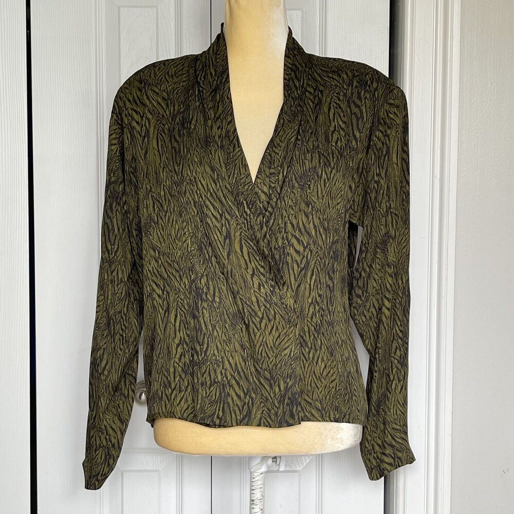 Anne Klein Vintage Silk Blouse Size 8 Green Black Surplice Button Front Top
